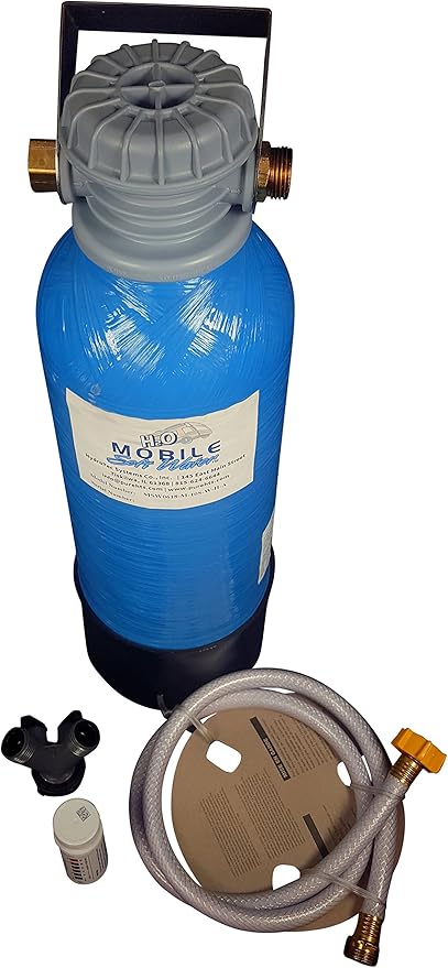 Premier 8,000 gr RV Softener - NSF 61 Brass GH Fittings - Portable - Manual Regenerate for RV, Cabins, Tiny Homes with Hardness Test Strips, Regeneration Valve, and 4ft-1/2 ID Hose