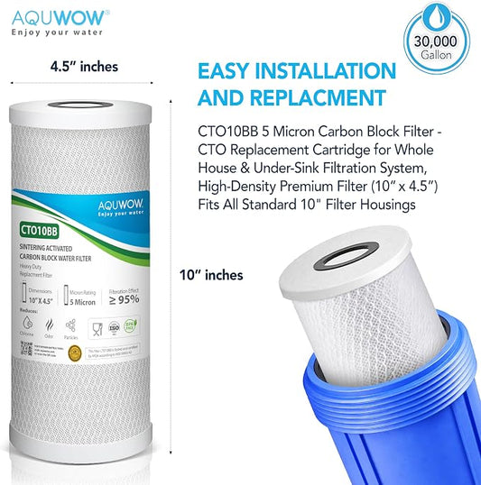 CTO10BB 5 Micron 4.5" x 10" Carbon Block Water Filter Set – Replacement Cartridges for Whole House and Under Sink Systems, Universal Standard Size (3, 10 x 4.5)