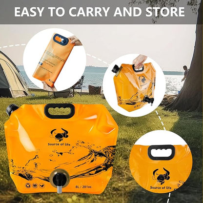 Collapsible 8L Water Storage Bag, BPA-Free Portable Folding Water Jug with Adjustable Faucet, Leakproof Emergency Water Bag for Camping, Hiking, Riding, Outdoor Sport (4, Orange)