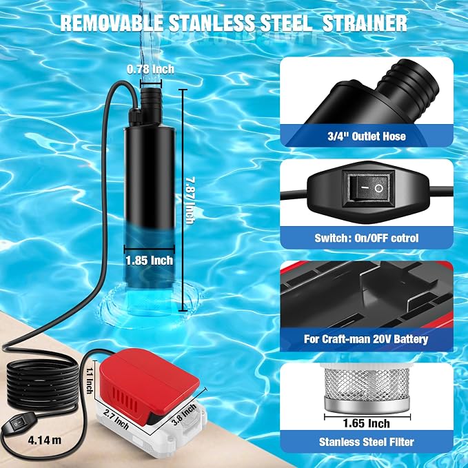 Submersible Water Transfer Pump, Cordless Portable Pump Compatible with Craftsman 20V V20 Battery, 635GPH 100W/120W for Pool Pond Garden Draining & Oil Suction, 16ft Cord (Bare Tool)