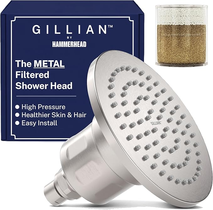 Gillian™ by HammerHead High Pressure Shower Head with Filter – Genuine KDF-55 Filtered Shower Head for Hard Water, Healthier Skin & Hair – Metal 6-Inch Rainfall Showerhead with Filters, Brushed Nickel