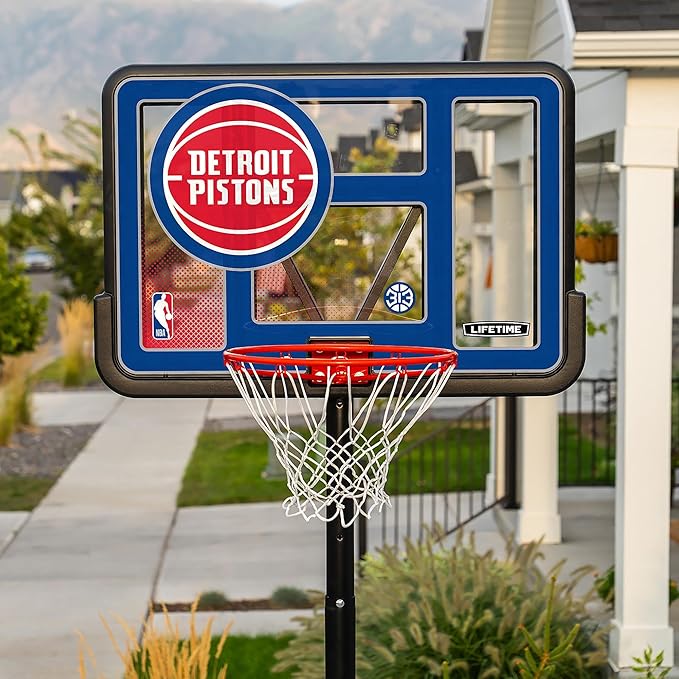 Lifetime NBA Detroit Pistons Portable Basketball Hoop, Adjustable Height 7.5-10 Ft, 44 Inch Shatterproof Fusion Backboard, Base with Wheels
