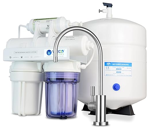 WECO TINY-150 Reverse Osmosis Water Filter System - 4-Stage RO Filtration with Sediment, Carbon, and GAC Filters - NSF-Certified Membrane and Faucet - Includes Storage Tank