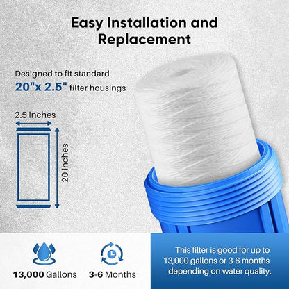 PUREPLUS 5 Micron 2.5" x 20" Whole House String Wound Sediment Filter for Well Water, Replacement Cartridge for Aqua Pure AP110-2C, Pentek P1-20/SP-P1-20/PX01-20, WPP-F20-5, 6Pack