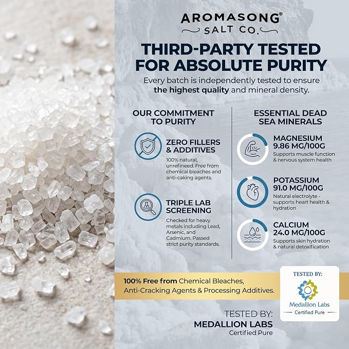Aromasong Pure Dead Sea Salt for Soaking with 100% Natural Lavender, 5 LB - Spa Bath Salt Fine Grain - Body Wash Scrub - Soak for Women & Men- Bulk Resealable Pack (Packaging May Vary)