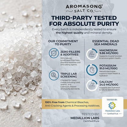 Aromasong Pure Dead Sea Salt for Soaking with 100% Natural Lavender, 5 LB - Spa Bath Salt Fine Grain - Body Wash Scrub - Soak for Women & Men- Bulk Resealable Pack (Packaging May Vary)