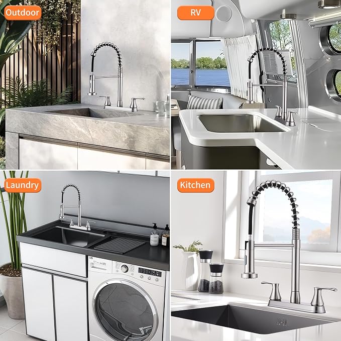 HOMELODY 2 Handles Kitchen Faucet with Pull Down Sprayer for 3 Hole Sink, 360° Rotating Spout Commercial 2 Handle Stainless Steel Kitchen Faucets with Deck Plate Brush Nickel
