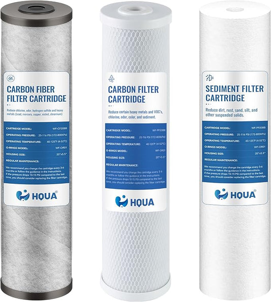 HQUA 3-stage Replacement Filter Cartridges Set, PP, Carbon Block, Activated Carbon Fiber (ACF), Fit for WF3-01 Pro Whole House Water Filter (PP,CARBON BLOCK,ACF)