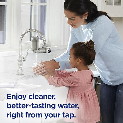 PUR PLUS Vertical Faucet Mount Water Filtration System, Lead-Reducing Filter, Great-Tasting Water, Easy Install, Lasts 100 Gallons, Compatible with Sinks with External Aerators, Stainless Steel