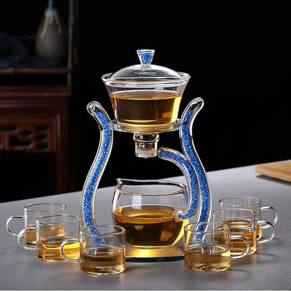 RORA Lazy Kungfu Glass Tea Set Semi Automatic Drip Rotating with Infuser Glass Teapot Set (6 cups)