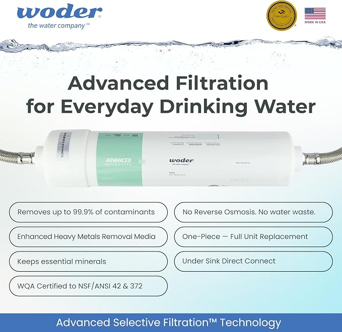 Under Sink Water Filter System, No Extra Faucet, Removes PFAS & Lead | Up to 10,000 Gal Capacity, No Extra Faucet Needed, Stainless Hoses, 3/8in Direct Connect, WQA Certified, 1-Yr Warranty