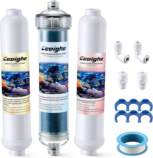 3 Pack Aquarium Filter Replacement Cartridge Set Compatible with AquaticLife RO Buddie, Inline Cartridges for Clear, Include Sediment, Carbon Block, Color Changing DI Resin and Quick Couplings