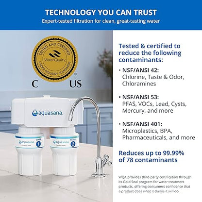 Aquasana Under Sink Water Filter | 2-Stage Filtration | Reduces up to 99.99% of PFAS, Lead, Chlorine, Cysts, & More | Under Counter Drinking Water Filter | Oil-Rubbed Bronze Faucet | AQ-6200-ORB