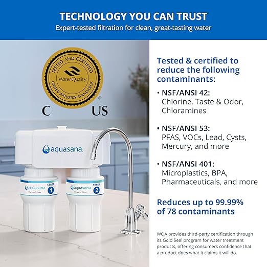 Aquasana Under Sink Water Filter | 2-Stage Filtration | Reduces up to 99.99% of PFAS, Lead, Chlorine, Cysts, & More | Under Counter Drinking Water Filter | Brushed Nickel Faucet | AQ-6200-BN