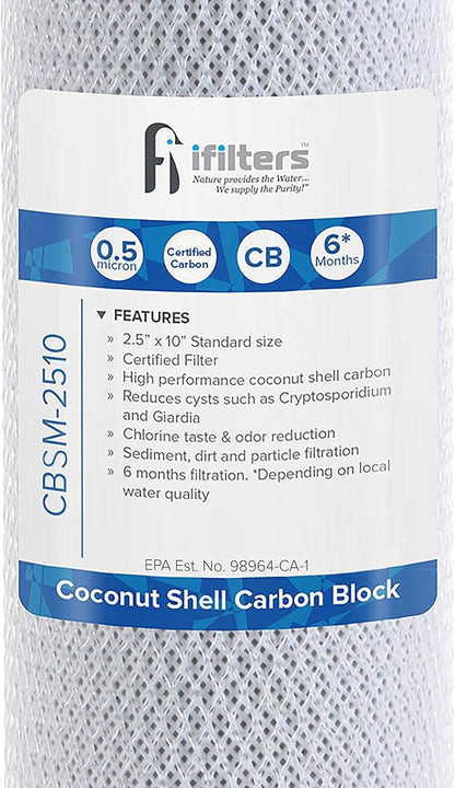 iFilters 0.5-Micron Carbon Block Water Filter – Coconut Shell CTO Drinking Water Filter Cartridge – 10-inch Replacement for Filtration Systems – 2.5" x 10" (2 Pack, Filter)