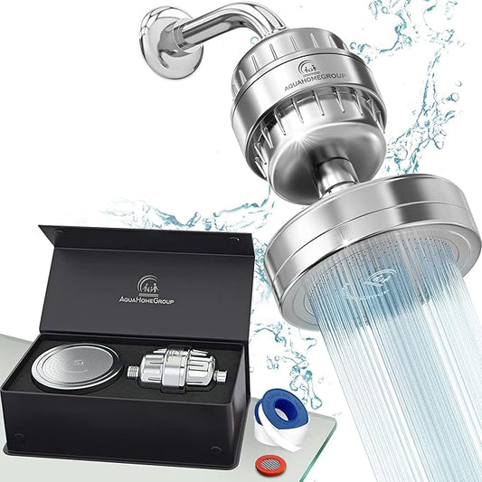 AquaHomeGroup High Pressure Filtered Shower Head with 20+3 Stage Shower Filter | 1.8 GPM California Compliant | Reduces Chlorine - Softer Skin & Hair