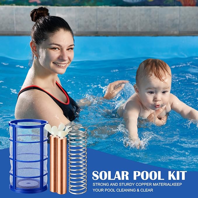 10 Pcs Copper Anode Replacement Kit, Solar Pool Ionizer Replacement, Include Copper Anode, Threaded Basket, Screen Spring, Wing Screw, Cleaner, Test Strips for Solar Pool, Reduces Chlorine