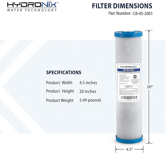 Hydronix CB-45-2001 Whole House, Commercial & Industrial NSF Coconut Carbon Block Water Filter, 4.5" x 20" - 1 Micron