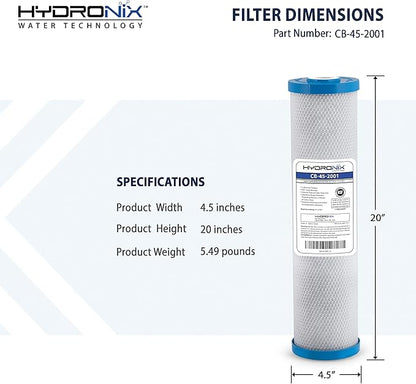 Hydronix CB-45-2001 Whole House, Commercial & Industrial NSF Coconut Carbon Block Water Filter, 4.5" x 20" - 1 Micron