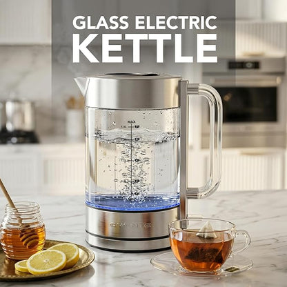 OVENTE Electric Kettle, 1.8L Tea Kettle Cordless with Borosilicate Glass Water Boiler, Stainless Steel Base, Acrylic Handle, 1500W Fast Boil Electric Kettle, Easy Fill Lid, Auto Shutoff, Silver KG911S