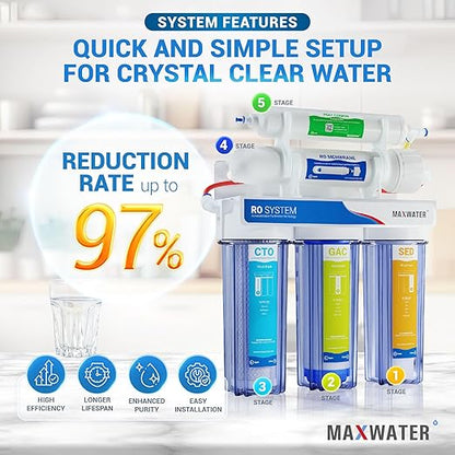Max Water 5 Stage 50 GPD (Gallon Per Day) RO (Reverse Osmosis) Standard Water Filtration System - Under-Sink/Wall Mount (with Tank & Faucet) - Model: RO-5C5