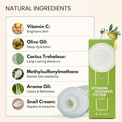 VELORA Vitamin C Shower Filter - Forest-Scented Aromatherapy Shower Water Filter and Softener - Universal Showerhead Bathroom Attachment - Replenish Dry Skin, Soften and Nourish Hair