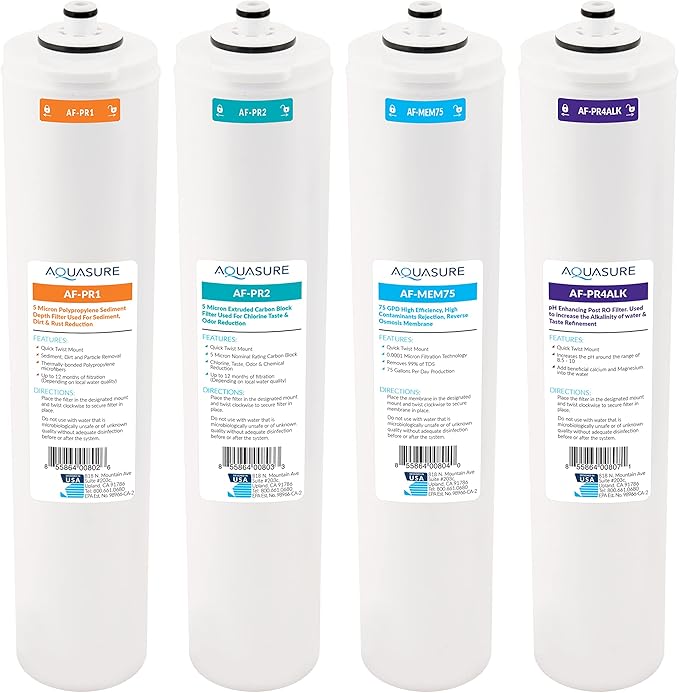 Aquasure Premier Series Complete 4-Stage with Alkaline Remineralizing Quick Twist Filter Replacement Cartridge Bundle Set AF-CP75ALK | Compatible with AS-PR75 Reverse Osmosis Water Filtration System