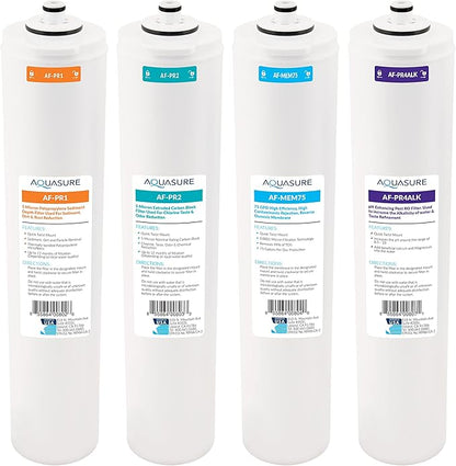 Aquasure Premier Series Complete 4-Stage with Alkaline Remineralizing Quick Twist Filter Replacement Cartridge Bundle Set AF-CP75ALK | Compatible with AS-PR75 Reverse Osmosis Water Filtration System