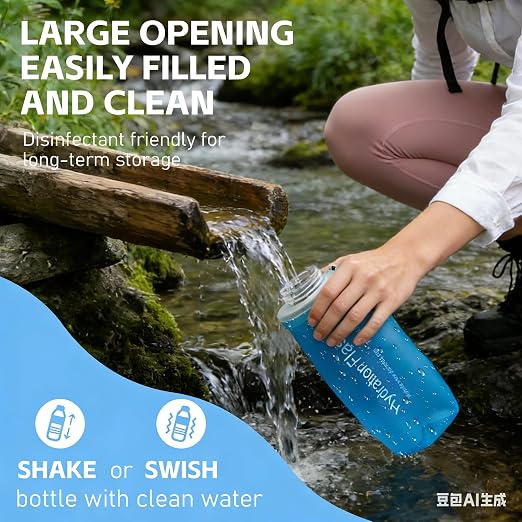 AXEN Collapsible Water Bottle with Filter System, Soft Hydration Flask for Trail Running, Camping, Hiking, Cycling, 1L Blue