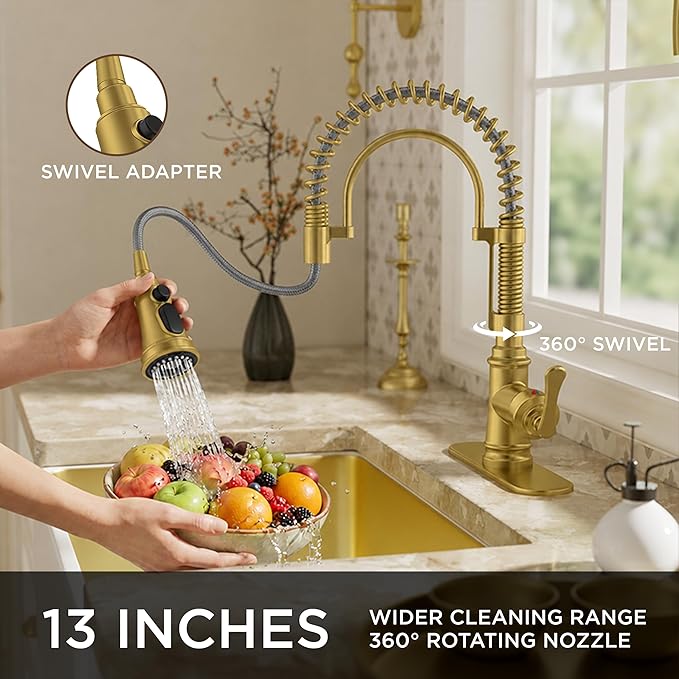 FORIOUS Gold Kitchen Faucet with Pull Down Sprayer, Stainless Steel Single Handle Spring Antique Brass Kitchen Sink Faucet with Deck Plate for 1 or 3 holes, Sutiable for Farmhouse, RV, Camper, Wet Bar