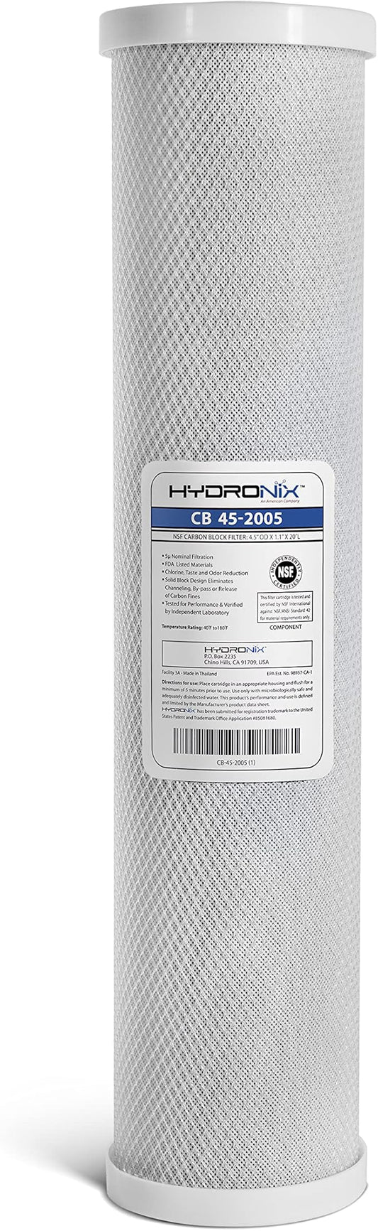 Hydronix CB-45-2005 Whole House, Commercial & Industrial NSF Coconut Carbon Block Water Filter, 4.5" x 20" - 5 Micron