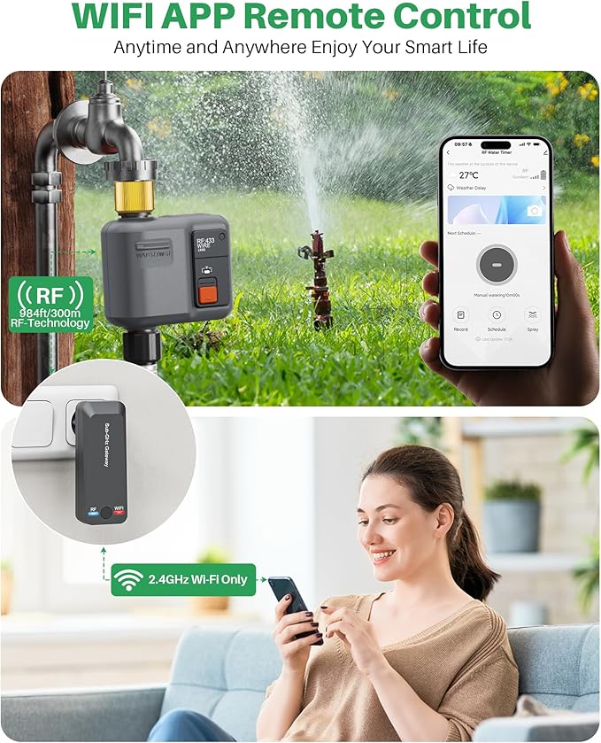 WiFi Sprinkler Timer 1 Zone with 984 Feet RF Gateway, 2 Pack Dark Gray-Brass Inlet Smart Water Timer for Garden Hose with Rain Delay/Manual/Automatic,WiFi Water Timers for Garden