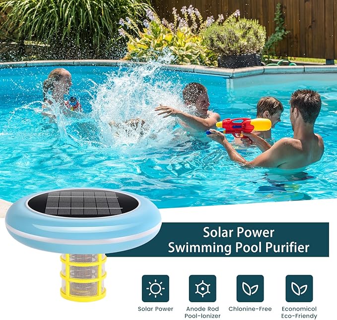 Pool Ionizer Solar Powered,Copper Ionization,Floating Automatic Water Cleaner and Purifier,Up to 65,000 Gal,85% Less Chlorine, Chlorine Free Water,Smart Replacement