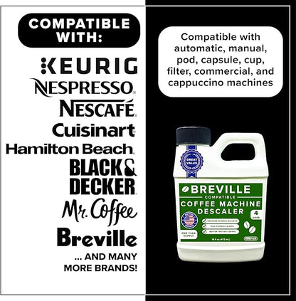 Tillbrook Breville Espresso Machine Compatible Descaler - 1 YEAR SUPPLY - Concentrated Descaler for Breville - 16 oz Coffee Maker Cleaner for Breville, Nespresso, Delonghi, Espresso Machine - 4 Uses