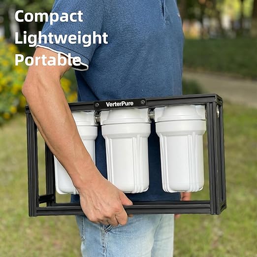 S3 Mini External 3-Stage RV Fresh Water Filter System, Compact, 5 Inch Filters, 3/4" GHT Stainless Steel Fittings, Reduce Sediment, Chlorine, Odor, All Aluminium Free-Standing Chassis, Black