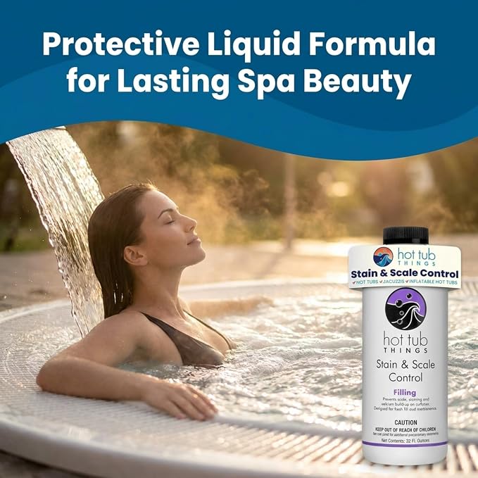 Hot Tub Things Stain & Scale Control, Metal & Mineral Remover for Hot Tubs, Spas & Pools, Prevents Scale Buildup, Protects Plumbing & Heater, Works with All Sanitizers, 32 Ounce