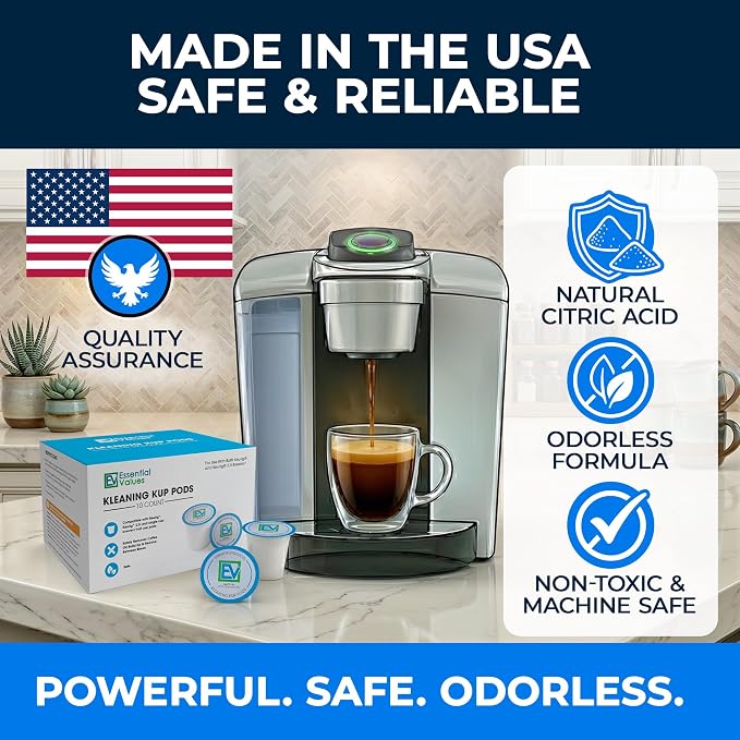 Essential Values Cleaning Pods, Compatible with Keurig, Descaling Solution 10-Pack, Descaler for Keurig Coffee Machines, Pot Kit, Coffee Maker Cleaner Filter Pods