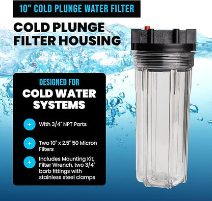 Cold Plunge Water Filter System, 10" Housing with 3/4" NPT Ports, 1×50 Micron Pleated Filters, Mounting Kit & Wrench, Inline Sediment Filtration for Ice Baths, Whole House, Pool or Spa Use