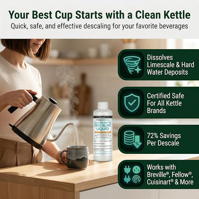 Think Crucial Electric Kettle Descaler, 15 Uses, 35% Citric Acid Concentrate — Compatible with Breville, Fellow, Cuisinart, KitchenAid — 16 fl oz