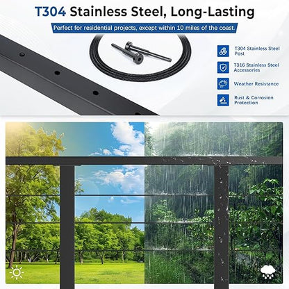 36" Modular 2-8FT Black T304 Cable Railing Post Kit, Complete Cable Railing System with 2 Level Posts & 98ft 1/8" Wire Rope(No Handrail), Adjustable Length Easy DIY for Decks/Porch