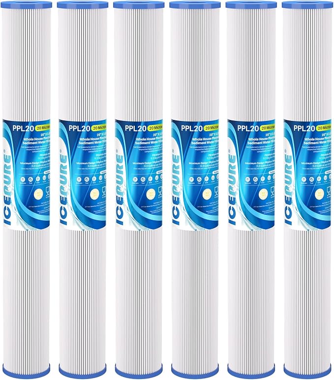 ICEPURE 20 Micron 2.5" x 20" Whole House Pleated Sediment Water Filter Cartridge for Well Water, Replacement for ECP20-20, SPC-25-2020, ECP1-20, ECP5-20, SPC-25-2005, SPC-25-2001, 6PACK