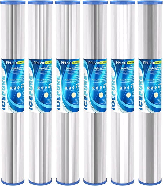 ICEPURE 20 Micron 2.5" x 20" Whole House Pleated Sediment Water Filter Cartridge for Well Water, Replacement for ECP20-20, SPC-25-2020, ECP1-20, ECP5-20, SPC-25-2005, SPC-25-2001, 6PACK