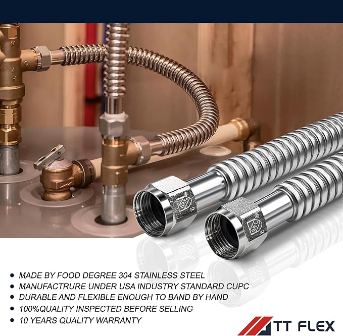 TT FLEX Stainless Steel Corrugated Water Heater Connector Flexible for Water Heater Water Softener,3/4" FIP x 3/4" FIP, 18" Length (2 Pack)