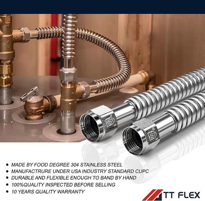 TT FLEX Stainless Steel Corrugated Water Heater Connector Flexible for Water Heater Water Softener,3/4" FIP x 3/4" FIP, 18" Length (2 Pack)