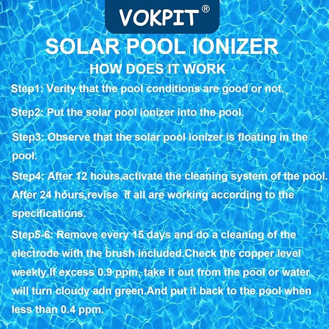 Pool Ionizer Solar Powered,Copper Ionization,Floating Automatic Water Cleaner and Purifier,Up to 65,000 Gal,85% Less Chlorine, Chlorine Free Water,Smart Replacement