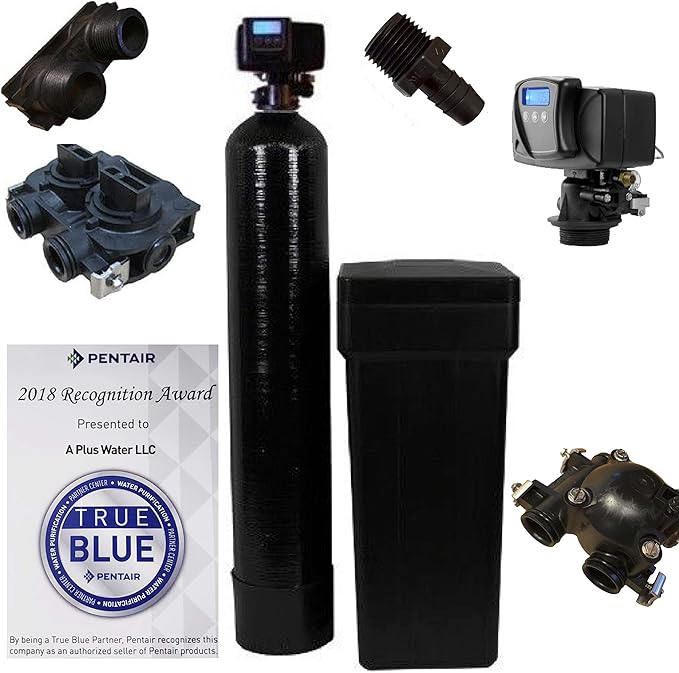 ABCwaters SS8-BLK Space Saver Fleck 5600sxt 48,000 Water Softener with Hardness Test + Install Kit, Black