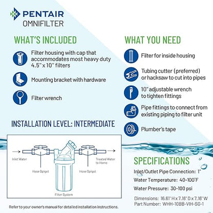 Pentair OMNIFilter Whole Home Valve-in-Head 10" Heavy-Duty Big Blue Water Filtration System with Pressure Relief, White/White
