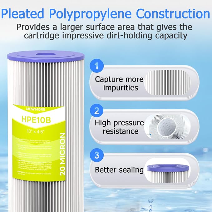 20 Micron Whole House Water Filter Cartridge, 10" x 4.5", 4-Pack | Pleated Sediment Filters for Well Water, Replacement for FXHSC, GXWH40L, GXWH35F, W50PEHD, W10-PR, R50-BBSA