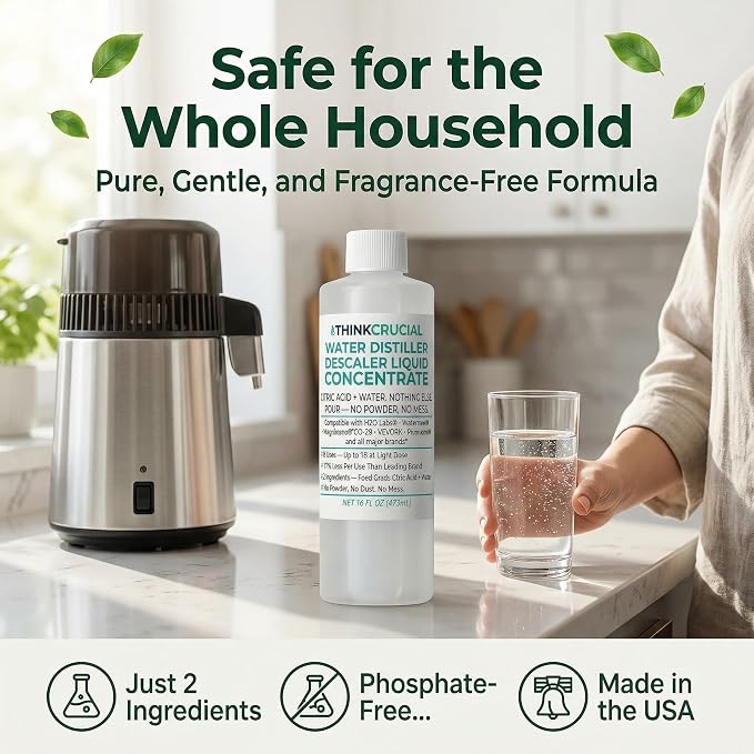 Think Crucial Water Distiller Descaler Liquid — Compatible with H2O Labs, Megahome, Waterwise, VEVOR, Durastill — 16 fl oz