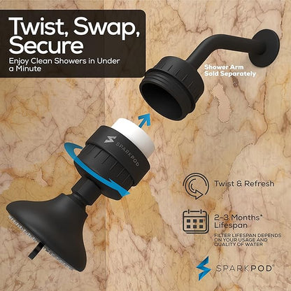 SparkPod 23-Stage Filtered Shower Head with 3 Spray Settings - High Pressure Shower Head with Filters for Dry Hair and Skin - Showerhead with Filter Reduces Chlorine & Heavy Metals (Black Matte)